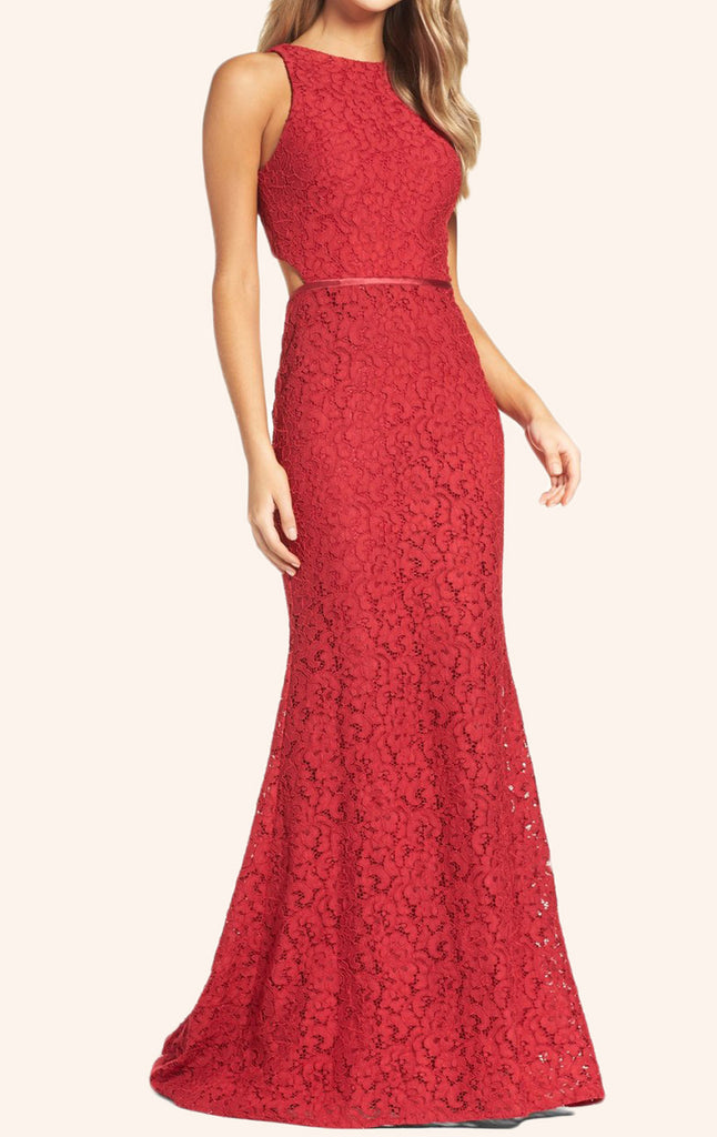 MACloth Mermaid O Neck Lace Prom Dress Red Formal Gown