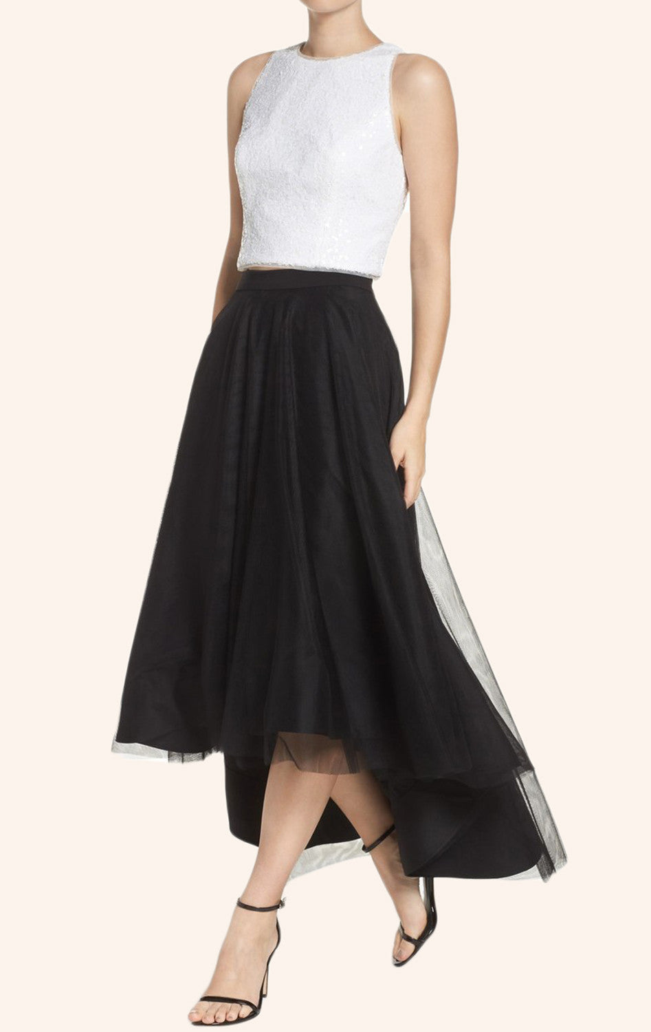 Vestido de cóctel de dos piezas con lentejuelas y tul de MACloth, estilo alto y bajo, vestido formal para fiesta de graduación