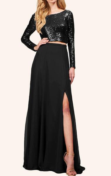 MACloth Two Piece Long Sleeves Sequin Prom Dress Black Formal Gown