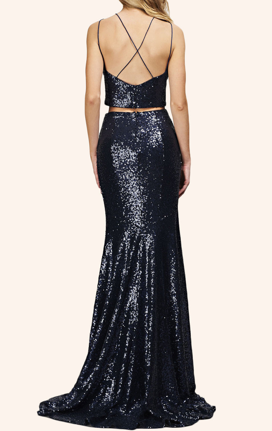 MACloth Mermaid Two Piece Sequin Long Prom Dress Dark Navy Formal Gown Dark Navy / Above Knee / US2