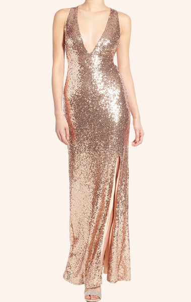 MACloth Straps V neck Sheath Sequin Bridesmaid Dress Rose Gold Formal Gown
