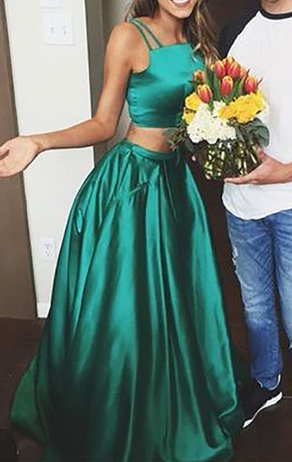 Vestido de fiesta largo de satén de dos piezas MACloth, vestido formal verde