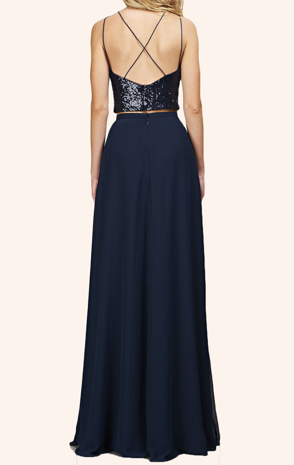 MACloth Two Piece Sequin Chiffon Long Bridesmaid Dress Simple Prom Gown Custom Color / Floor Length / US12
