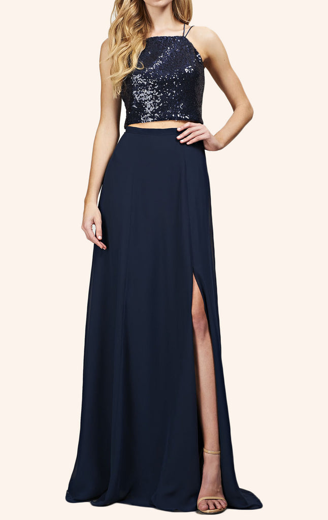 MACloth Two Piece Sequin Chiffon Long Bridesmaid Dress Simple Prom Gown