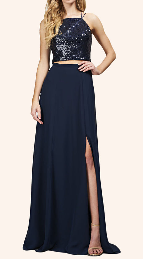 MACloth Two Piece Sequin Chiffon Long Bridesmaid Dress Simple Prom Gown