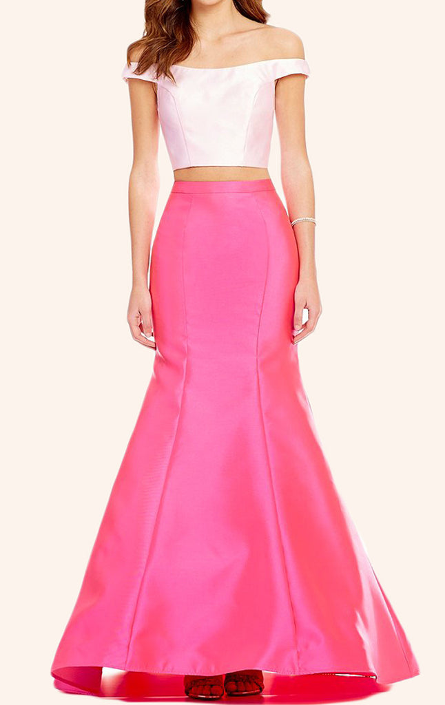 MACloth Off the Shoulder Two Piece Satin Prom Dress Pink Formal Gown