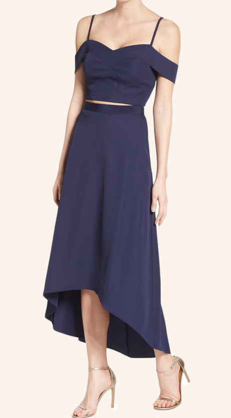 MACloth Off the Shoulder Two Piece High Low Prom Dress Navy Cocktail Dress