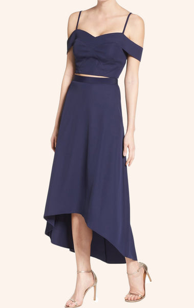 MACloth Off the Shoulder Two Piece High Low Prom Dress Navy Cocktail Dress