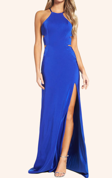 MACloth Halter Sheath Jersey Long Prom Dress with Slit Royal Blue Evening Gown