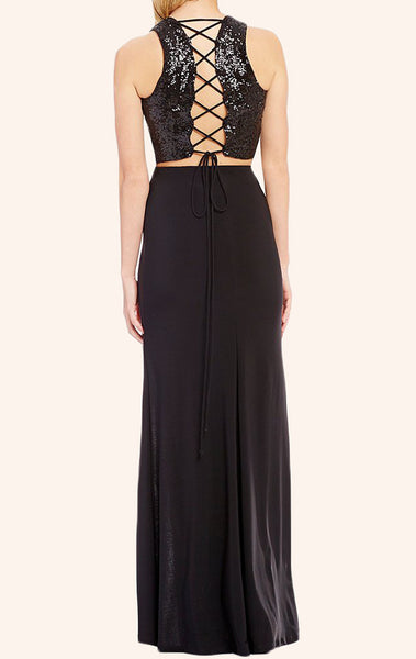 MACloth Two Piece Sequin Jersey Long Prom Dress Black Formal Gown