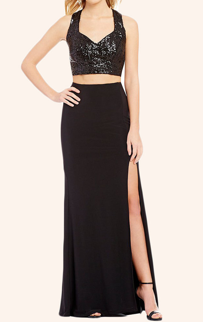 MACloth Two Piece Sequin Jersey Long Prom Dress Black Formal Gown