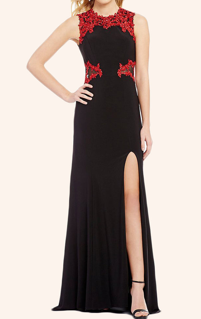 MACloth O Neck Jersey Long Prom Dress with Slit Black Formal Evening Gown