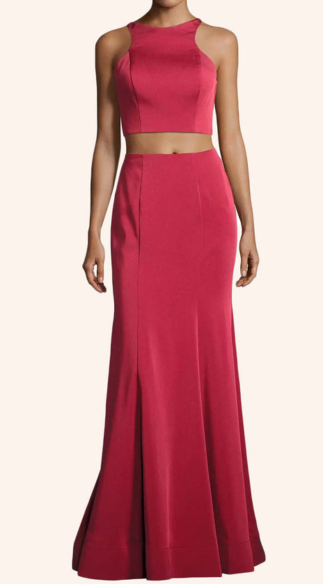 MACloth Two Piece Jersey Long Prom Dress Red Formal Evening Gown