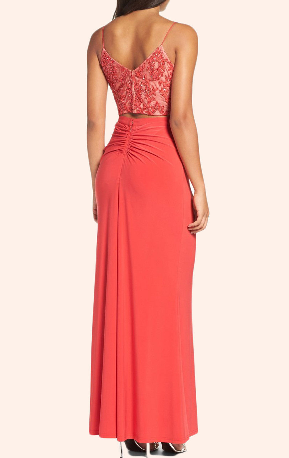 Vestido de fiesta largo de jersey de encaje de dos piezas MACloth, vestido formal color coral