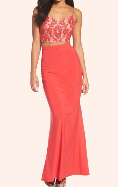 MACloth Two Piece Lace Jersey Long Prom Dress Coral Formal Gown