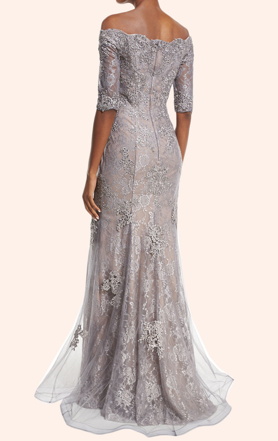 MACloth Off the Shoulder Half Sleeves Lace Mother of the Brides Dress Silver Formal Gown