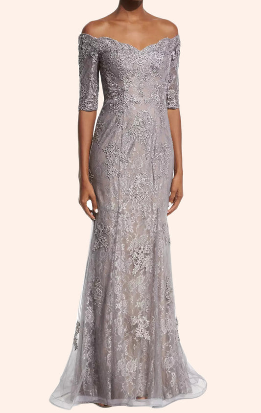Vestido de novia de encaje con mangas cortas y hombros descubiertos de MACloth, vestido formal plateado