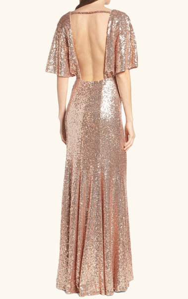 MACloth V Neck Sequin Long Bridesmaid Dress Rose Gold Formal Evening Gown