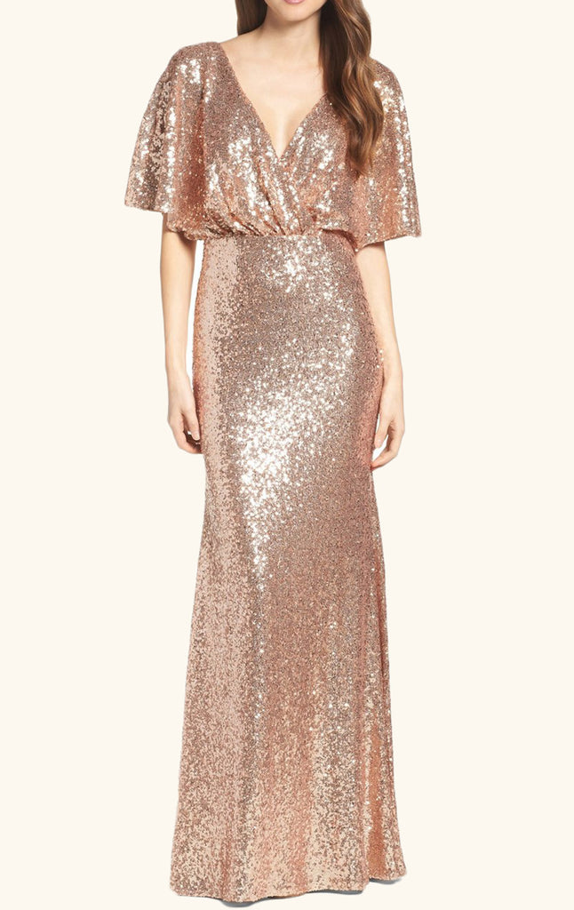 MACloth V Neck Sequin Long Bridesmaid Dress Rose Gold Formal Evening Gown