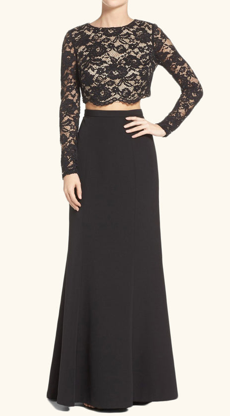 MACloth Long Sleeves Two Piece Lace Long Prom Dress Black Formal Evening Gown