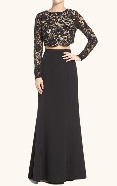MACloth Long Sleeves Two Piece Lace Long Prom Dress Black Formal Evening Gown