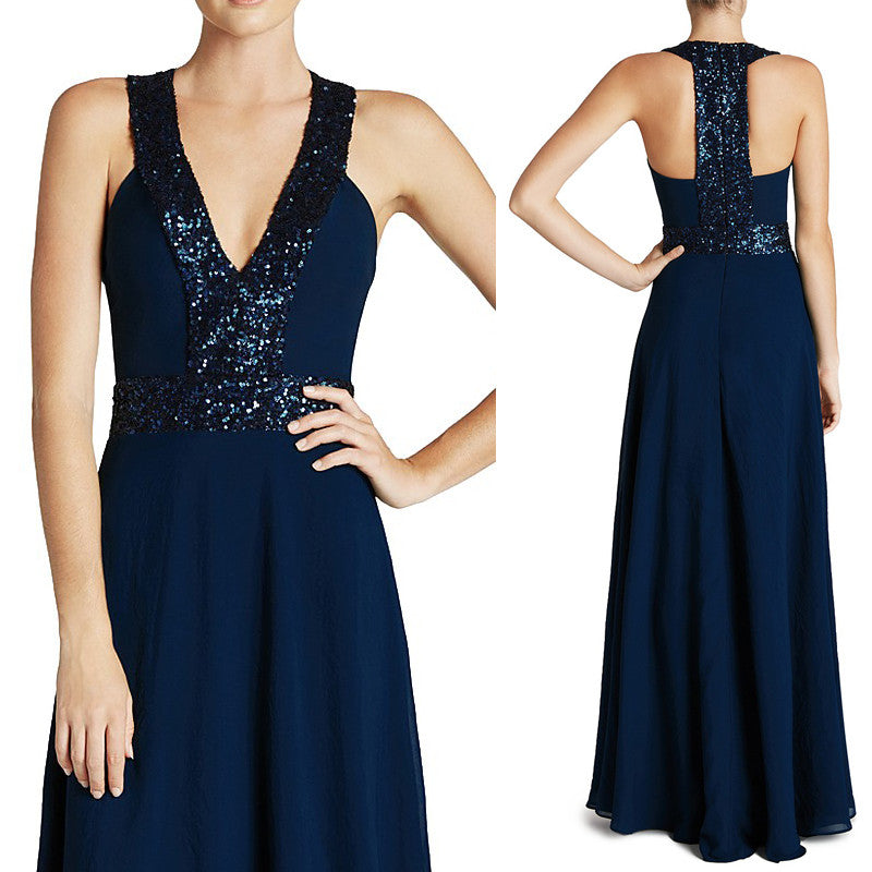 MACloth Träger V-Ausschnitt Pailletten Chiffon Ballkleid Dunkelmarine Abendkleid