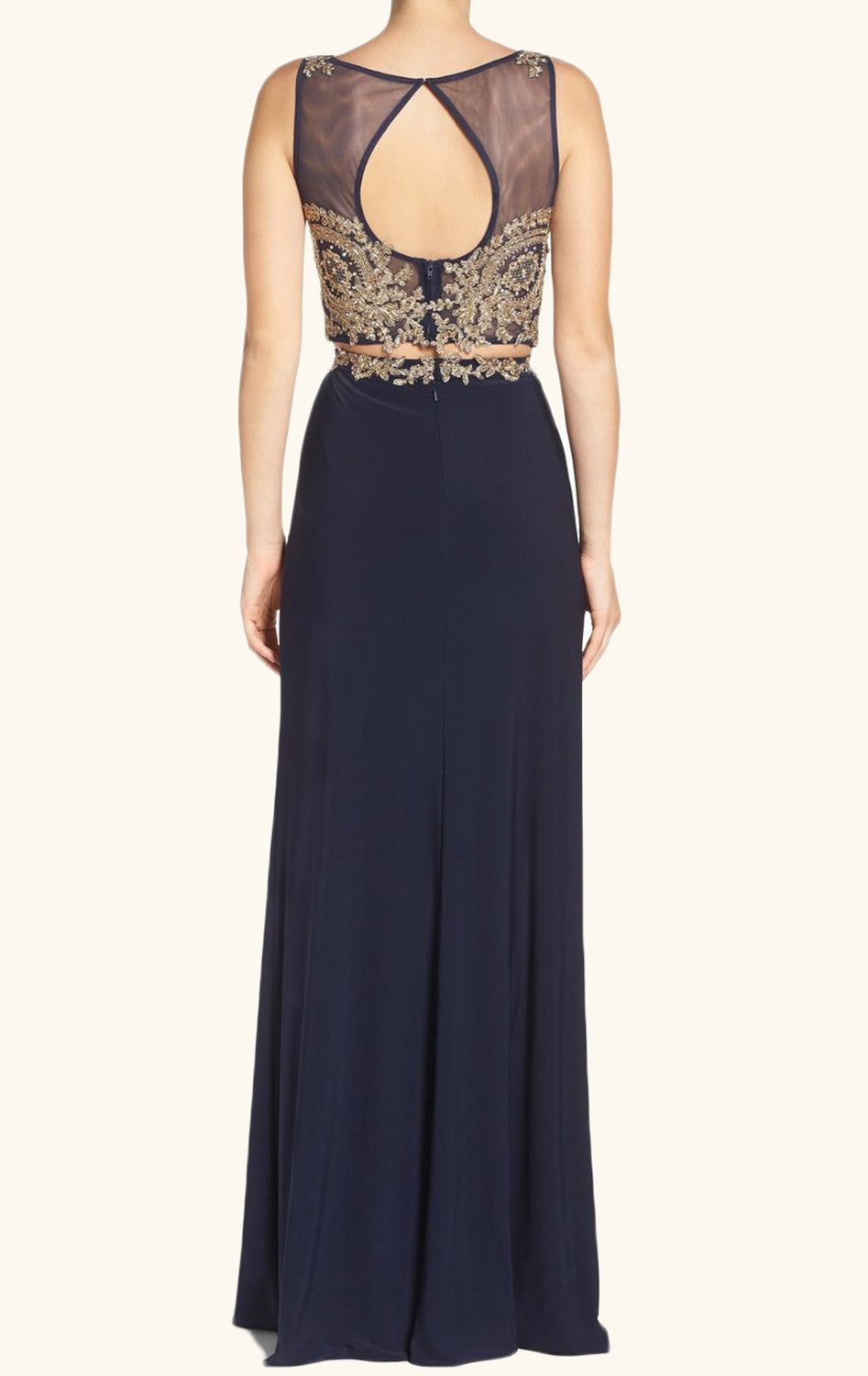 MACloth Two Piece Lace Jersey Long Prom Dress Dark Navy Formal Evening Gown