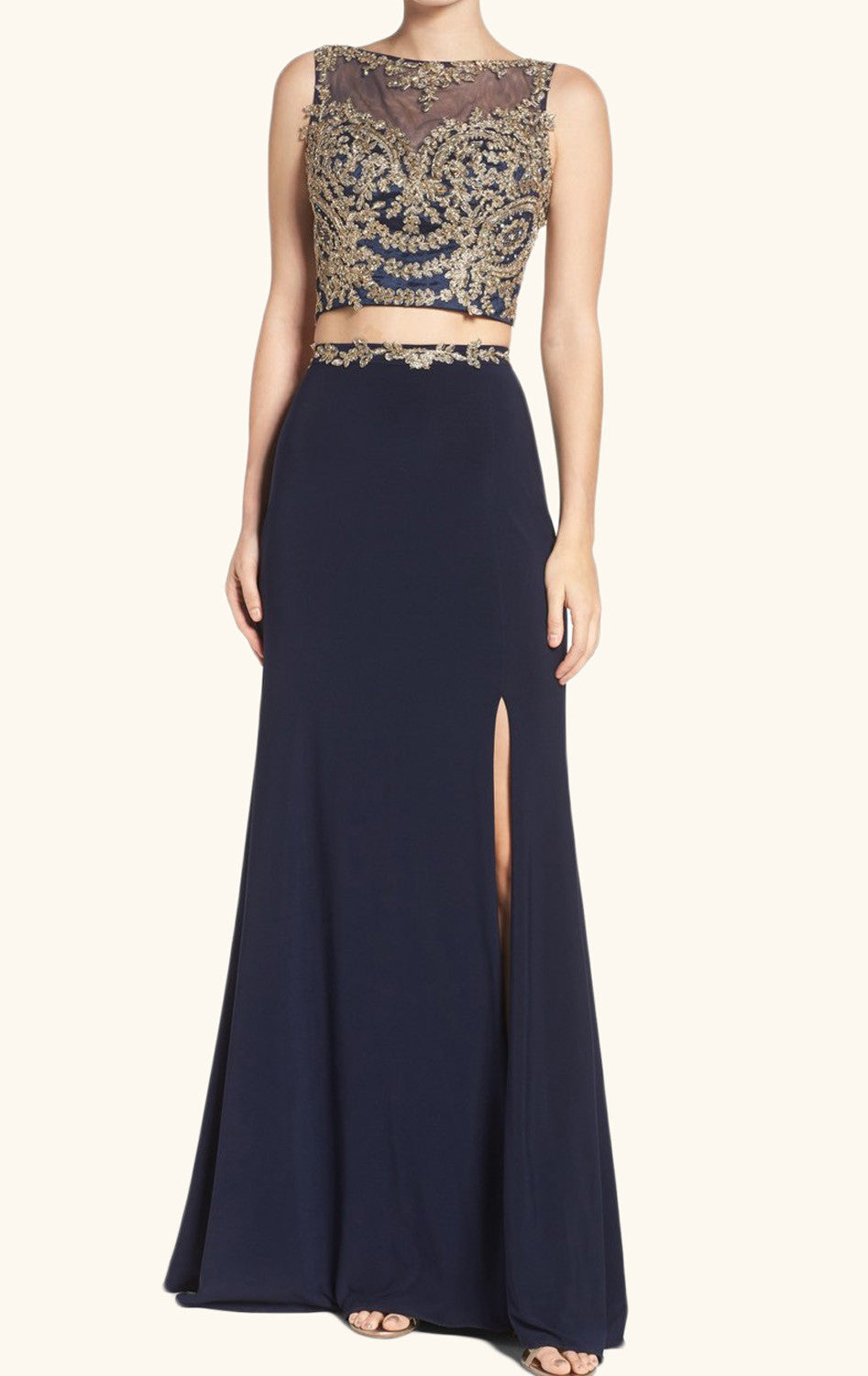 MACloth Two Piece Lace Jersey Long Prom Dress Dark Navy Formal Evening Gown
