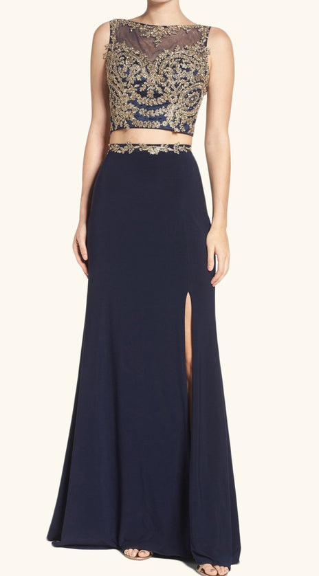 MACloth Two Piece Lace Jersey Long Prom Dress Dark Navy Formal Evening Gown