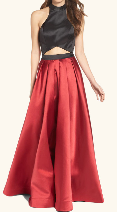 MACloth High Neck Two Tone Satin Long Prom Dress Formal Evening Gown