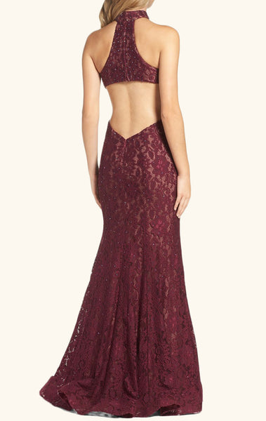 MACloth Halter Lace Long Prom Dress with Cut Out Burgundy Formal Evening Gown