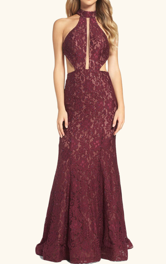 MACloth Halter Lace Long Prom Dress with Cut Out Burgundy Formal Evening Gown