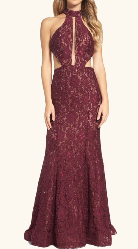 MACloth Halter Lace Long Prom Dress with Cut Out Burgundy Formal Evening Gown