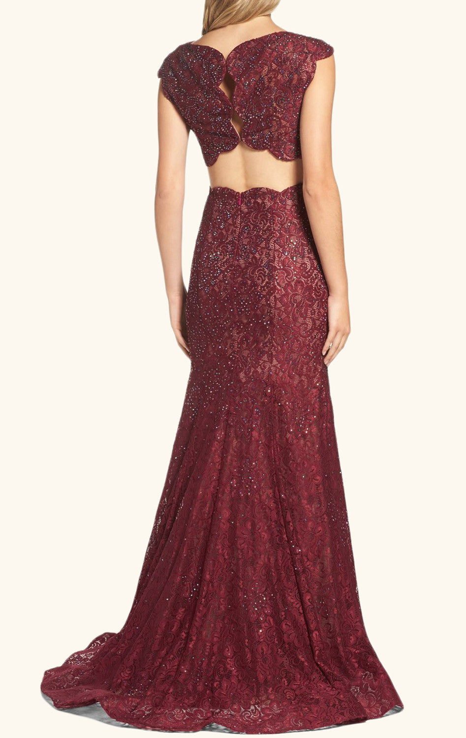 Vestido de fiesta de dos piezas con mangas cortas y encaje de MACloth, vestido de noche formal color burdeos