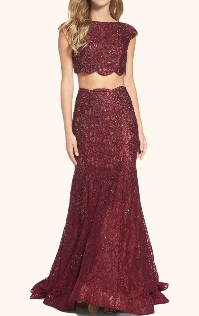 MACloth Two Piece Cap Sleeves Lace Prom Dress Burgundy Formal Evening Gown