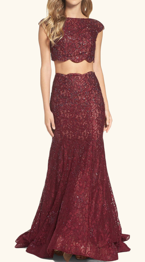 MACloth Two Piece Cap Sleeves Lace Prom Dress Burgundy Formal Evening Gown