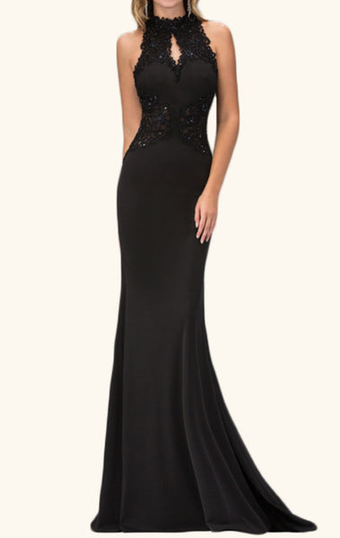 MACloth Mermaid High Neck Lace Jersey Prom Dress Long Formal Evening Gown