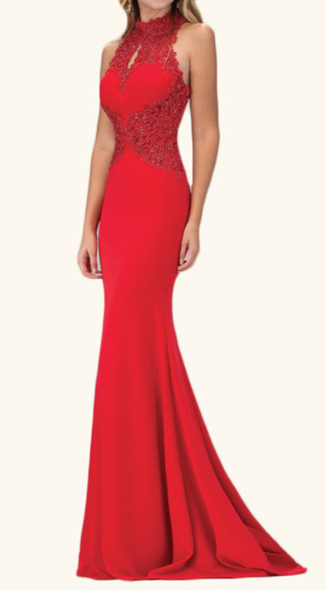 MACloth Mermaid High Neck Lace Jersey Prom Dress Long Formal Evening Gown