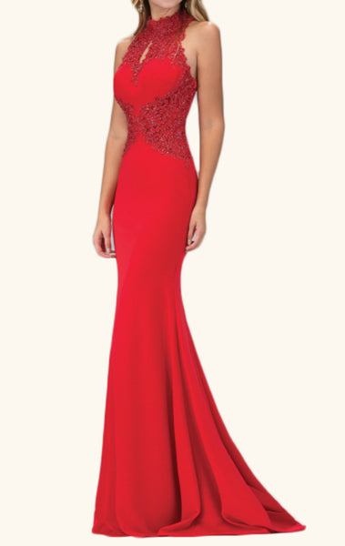 MACloth Mermaid High Neck Lace Jersey Prom Dress Long Formal Evening Gown