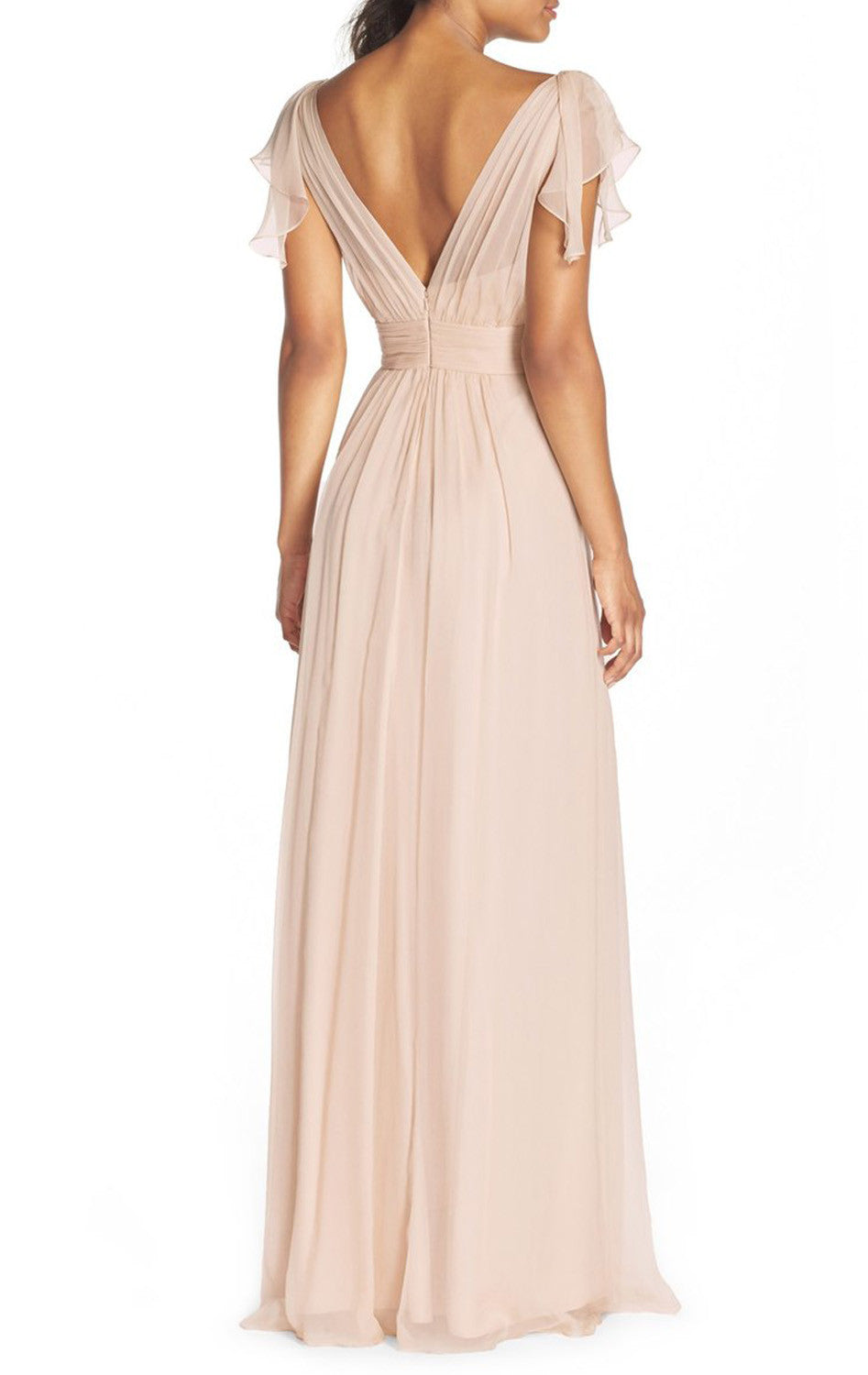 MACloth Cap Sleeves V Neck Chiffon Long Bridesmaid Dress Pearl Pink Fomral Gown Custom Color / Above Knee / US10