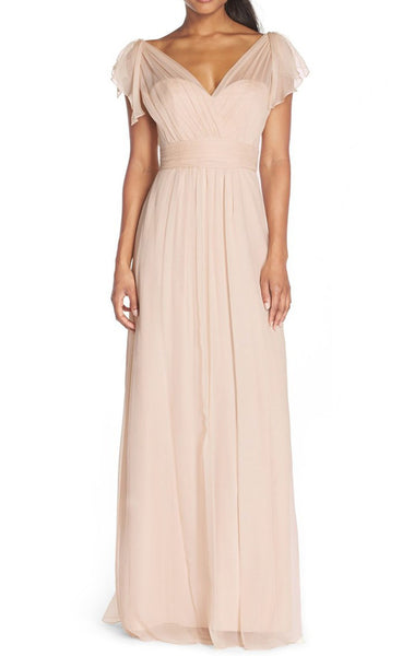 MACloth Cap Sleeves V Neck Chiffon Long Bridesmaid Dress Pearl Pink Fomral Gown