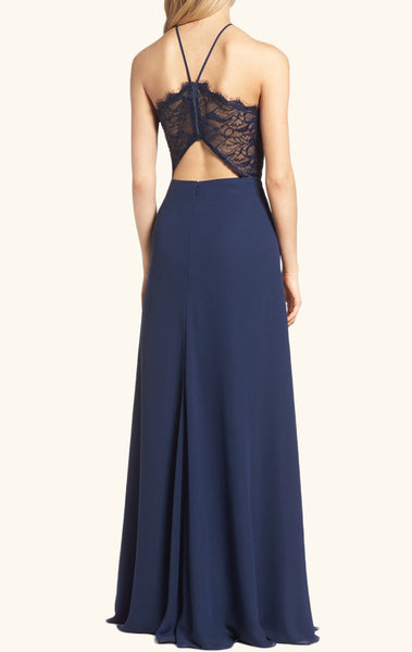 MACloth Halter Lace Chiffon Long Bridesmaid Dress Dark Navy Formal Gown