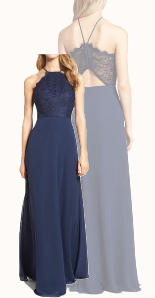 MACloth Halter Lace Chiffon Long Bridesmaid Dress Dark Navy Formal Gown