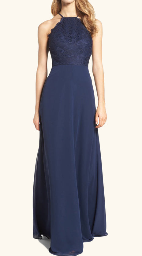 MACloth Halter Lace Chiffon Long Bridesmaid Dress Dark Navy Formal Gown