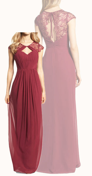MACloth Cap Sleeves Lace Chiffon Long Bridesmaid Dress Burgundy Formal Gown