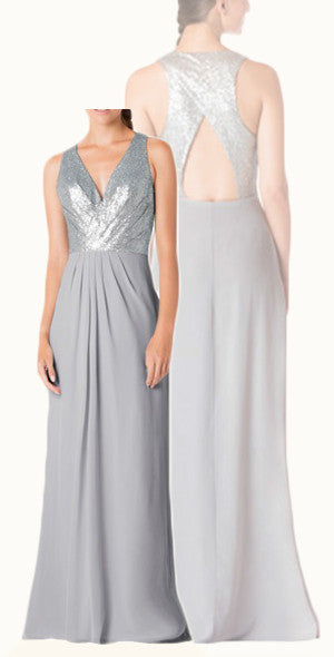 MACloth Straps V neck Chiffon Sequin Long Bridesmaid Dress Silver Formal Gown