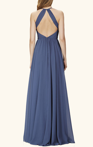 MACloth Halter O Neck Chiffon Long Bridesmaid Dress Navy Formal Gown