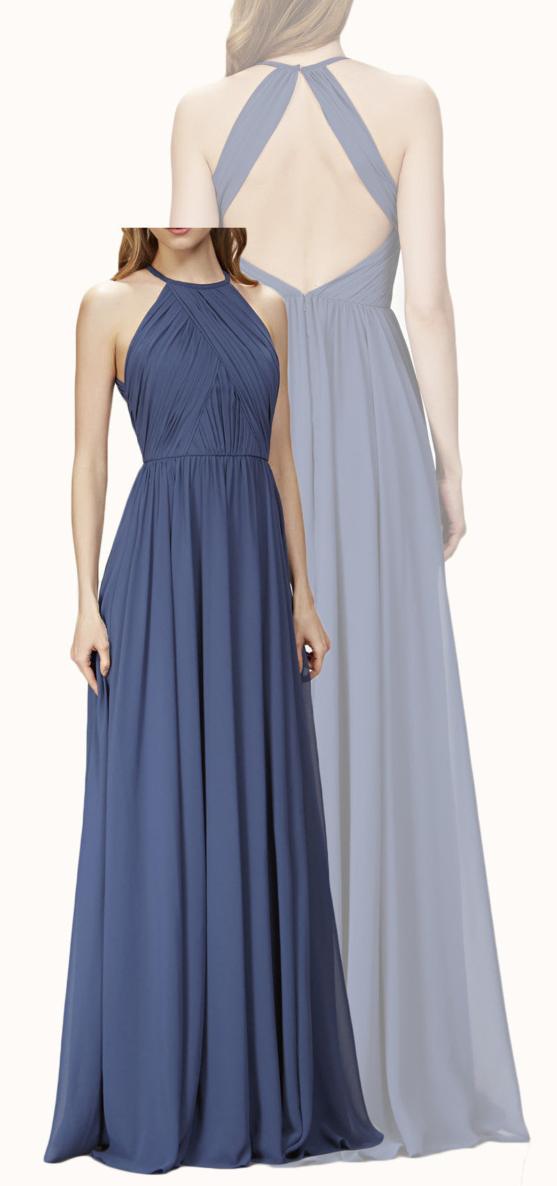 MACloth Neckholder-O-Ausschnitt Chiffon Langes Brautjungfernkleid Marineblau Abendkleid