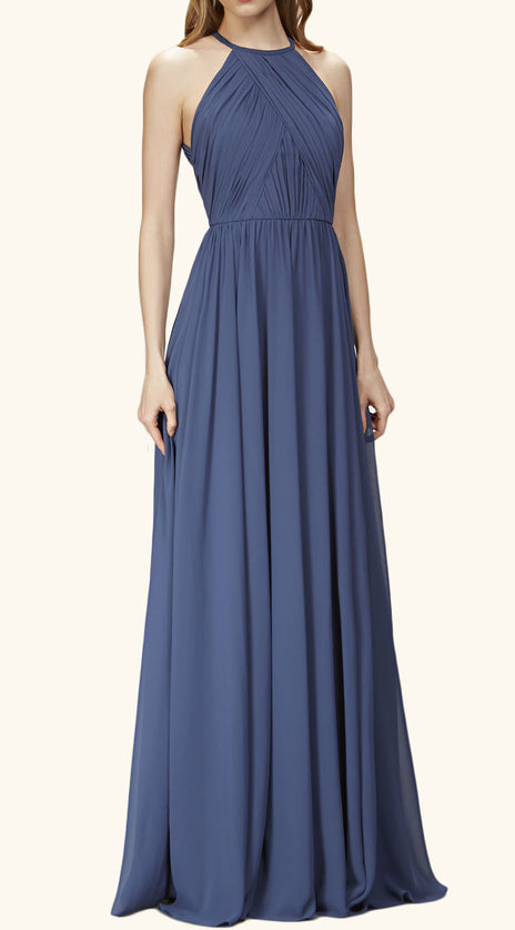 MACloth Halter O Neck Chiffon Long Bridesmaid Dress Navy Formal Gown
