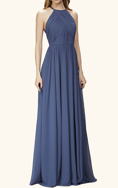 MACloth Halter O Neck Chiffon Long Bridesmaid Dress Navy Formal Gown